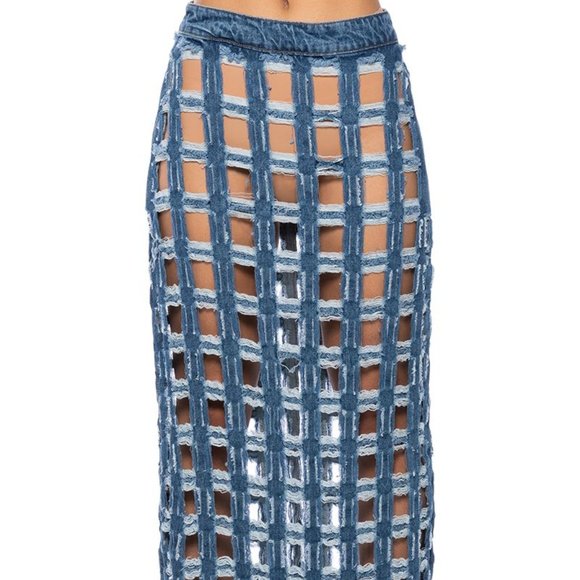 Miz Check on My Split: Square Biz Cut Out Denim Maxi Skirt Large - Picture 5 of 10